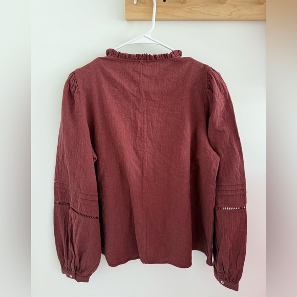 NWT Zara embroidered bib blouse in burgundy cotton - Picture 5 of 6